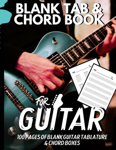 Cover of the Guitar Tab & Chord Book: a guitarist playing an electric guitar, with the words Blank Tab & Chord Book for Guitar