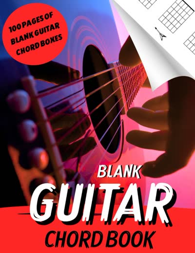 Cover showing an acoustic guitar under pink light with the words Blank Guitar Chord Book