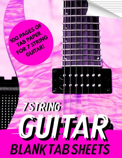 Cover showing a seven-string electric guitar with the words 7 String Guitar Blank Tab Sheets